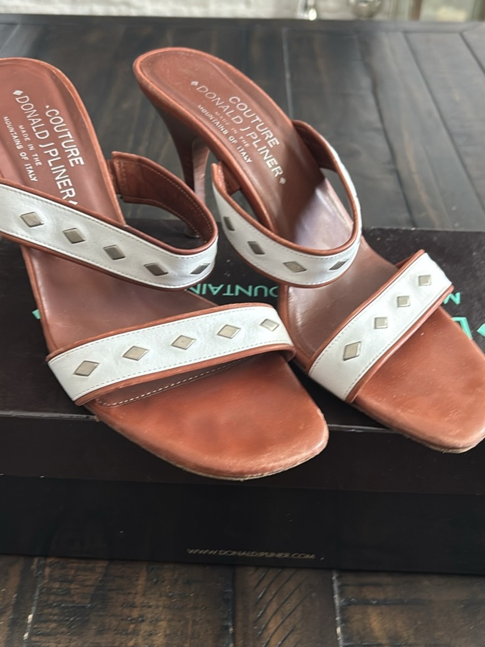 Donald J. Pliner Brown Leather Mules with White Diamond-Accent Straps